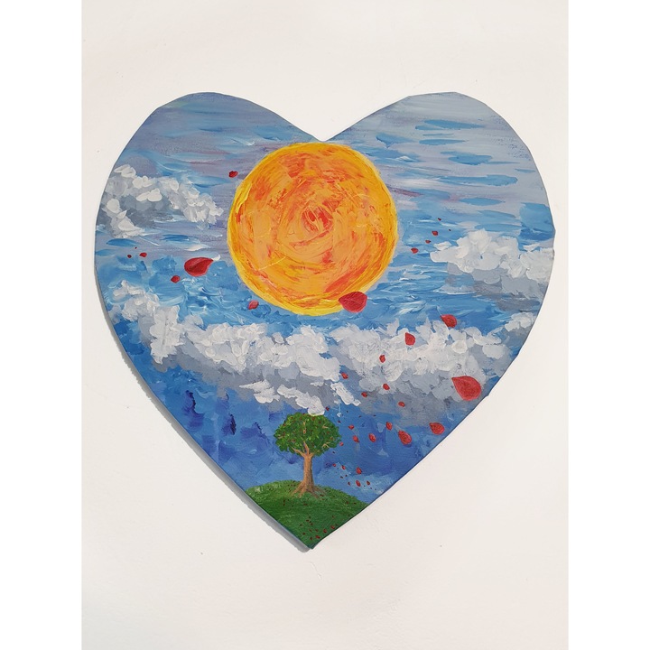 Tablou handmade inima cu text ascuns: Boo! I LOVE YOU, soare si nori