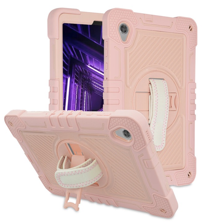 Защитен калъф за таблет, съвместим с Apple iPad 10.2" 2019/2020/2021, StripeShell 360, с регулируема презрамка, силикон, Розов