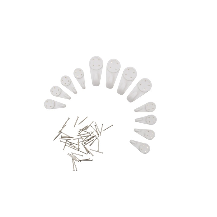 Set 12 carlige de perete, pentru rame foto, tablouri si decoratiuni, 8 piese 4x4cm si 4 piese 8x3cm, fixare in cuie, plastic, Alb