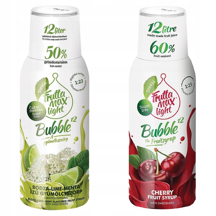 FruttaMax szirup, vízkoncentrátumok Lime Menta Cukormentes + Cseresznye Light 500 ml, 2 db