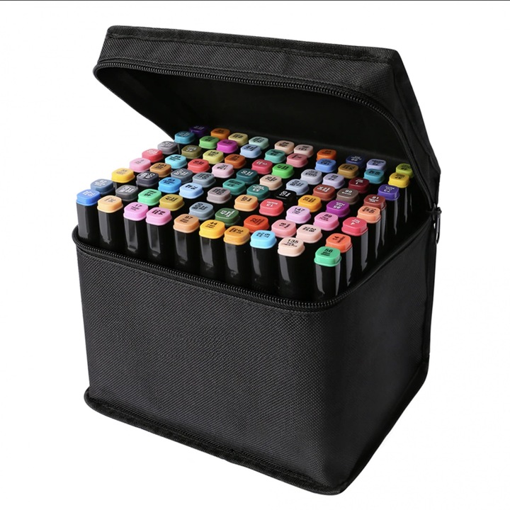 Set 80 markere duble ”ideal STORE Fantasy Paint”, pe baza de alcool, 2 capete profesionale, 1 varf pentru schite, 1 varf pentru desen, geanta transport, multicolor