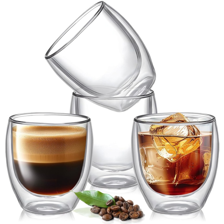Set 4 buc pahare cu pereti dubli 250 ml, Hggzeg, Pentru Bauturi Calde si Reci, Avand design modern, Sticla termorezistenta, Pentru ceai, cappuccino, latte, espresso, Transparent