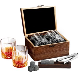 Set Regalo Whisky Con Gioco Bourbon Trivia, 9 Pezzi: Bicchieri Cristallo, Pietre Granito, Vassoio, Pinze, Sottobicchieri
