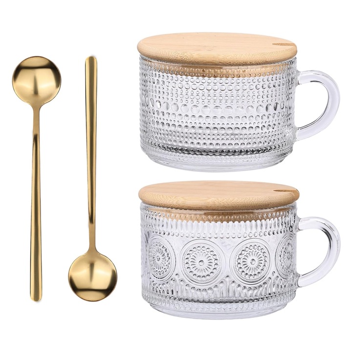 Комплект от 2 ретро чаши за кафе, Axroad Mall, с 2 капака и 2 лъжички, термоустойчиви, релефни, за многократна употреба, за капучино, лате, чай, кисело мляко, мляко, овесени ядки, десерт, стъкло/бамбук, 301-400 мл, прозрачни