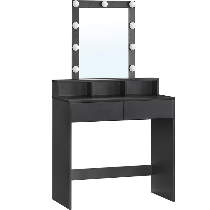 Тоалетка Vasagle с LED осветление, с огледало, регулируема яркост, с 2 чекмеджета, 80x40x145 см, черна