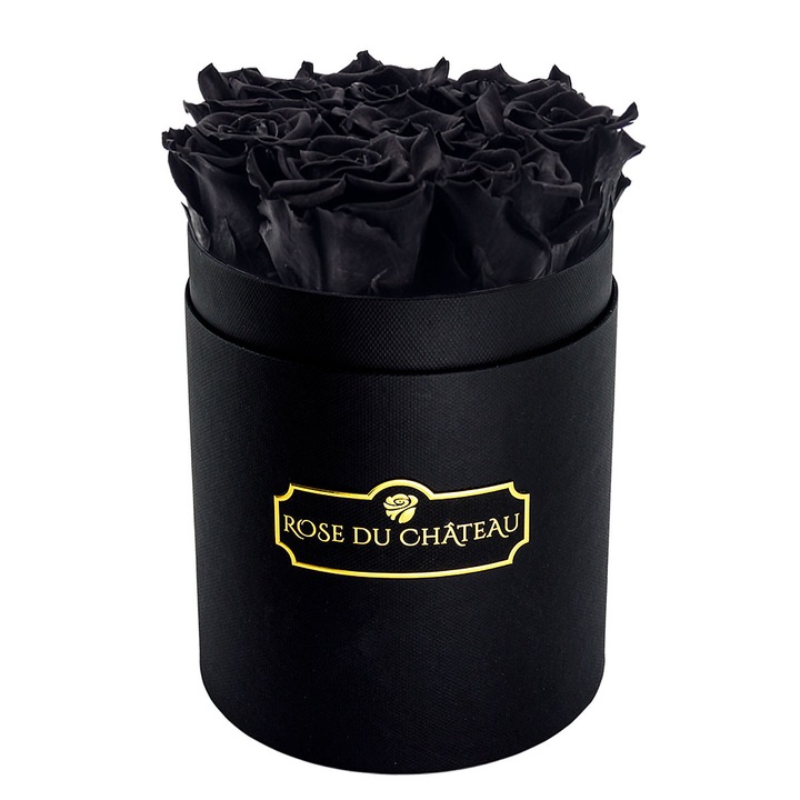 Virágkompozíció, Rose du Chateau, örök fekete rózsák, fekete doboz, 7-9 szár, O 15 cm