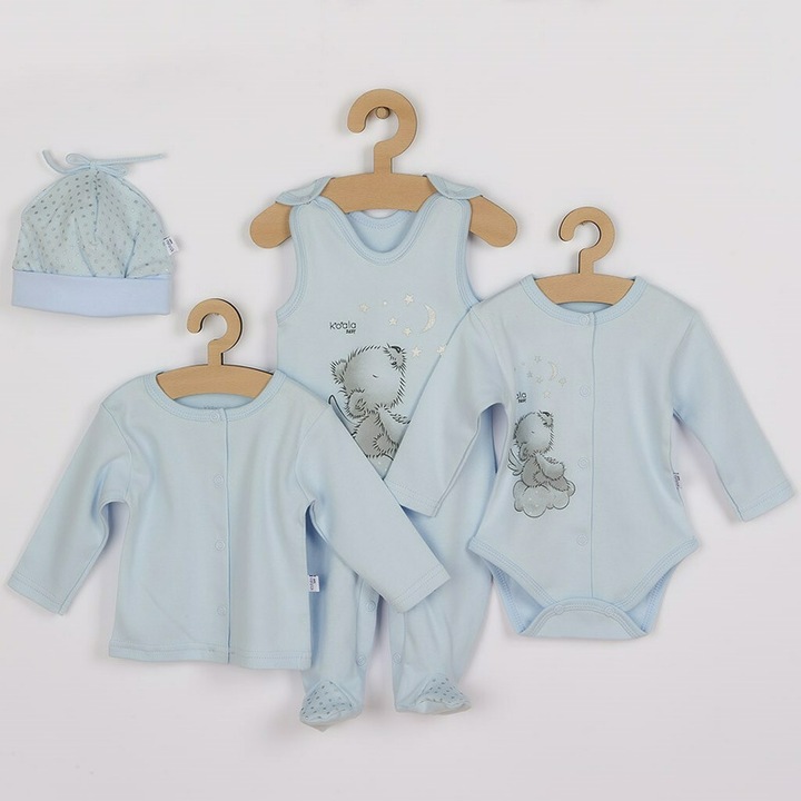 Set 4 piese New Baby, Salopeta fara maneci, jacheta, body cu maneca lunga, caciulita, Marime 56, Din bumbac 100%, Angel Blue