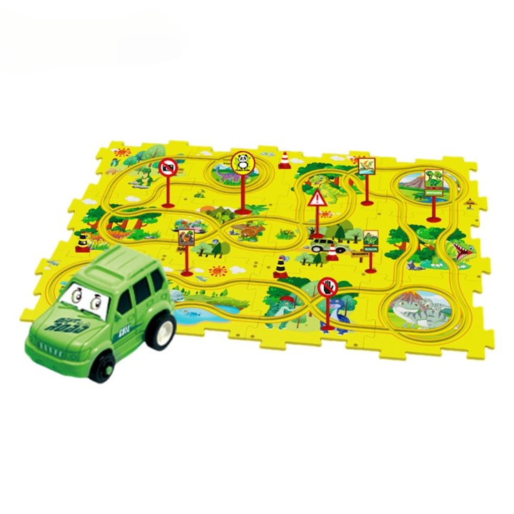 Мултифункционален образователен пъзел за деца, VENTLEX, Зелен модел на автомобилна писта, 25 части, +3, Жълт