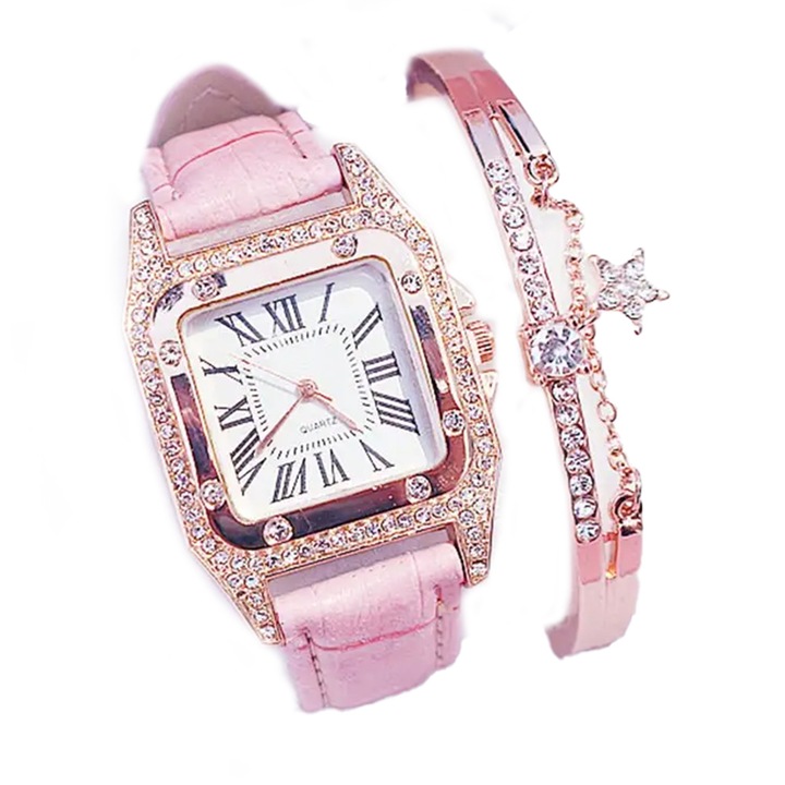 Set ceas si bratara, piele ecologica, roz