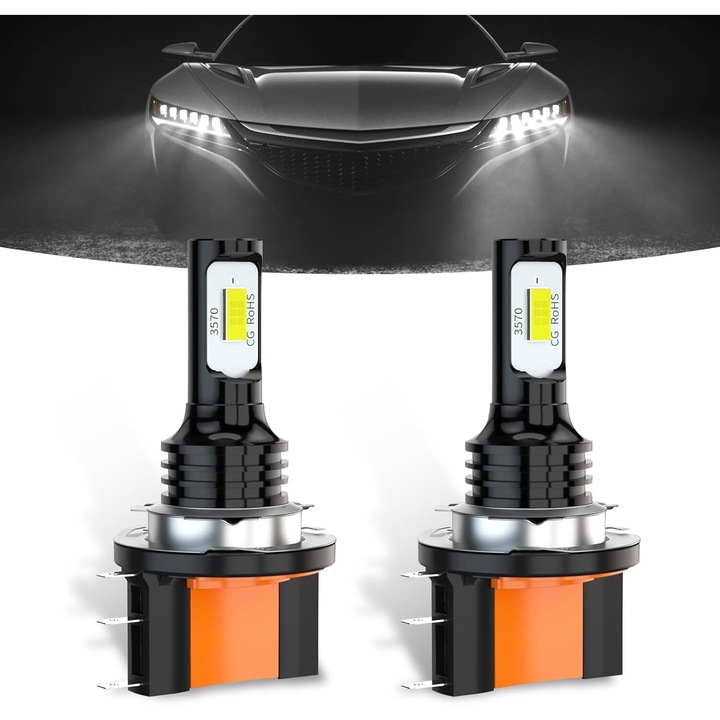 Set 2 becuri auto H15, 12 LED/BEC, 80W set, Lumina alba 6500k, super slim, led-uri de ultima generatie 3570, fara ventilator sau cablu DOMDRIVE®