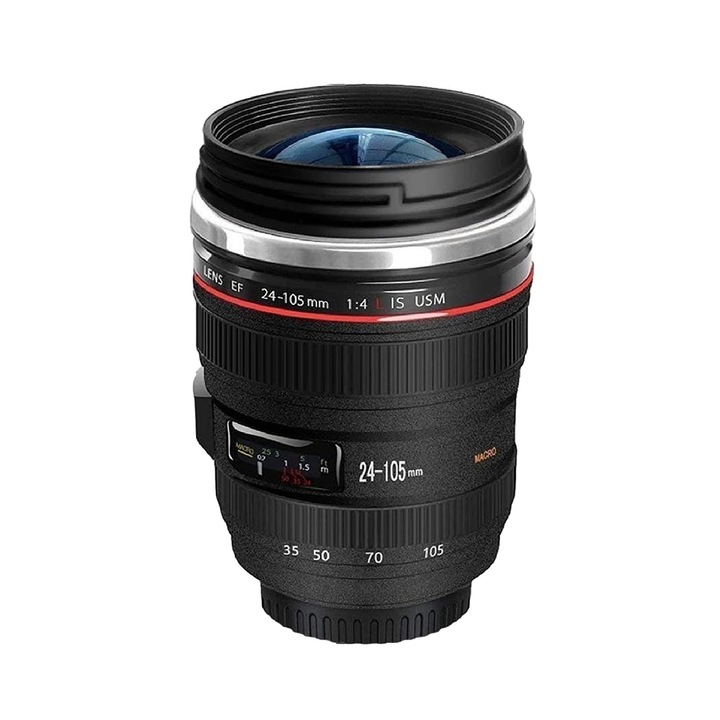 Utazós kávésbögre, Axroad Mall, 400ml, Kameralencse kialakítás, Élelmiszer-minőségű rozsdamentes acélból készült, Csúszásmentes, Rozsda- és szivárgásálló, Környezetbarát, Könnyen szállítható, ABS/szilikon, 8,3*14 cm, Fekete