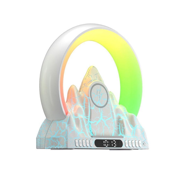 LED intelligens lámpa, MILARIS®, riasztó funkció, FM rádió funkció, beépített Bluetooth hangszóró, 15 W-os okostelefon töltő funkció, digitális ébresztőóra, környezeti világítás, modern és ergonómikus kialakítás, prémium minőség, fehér