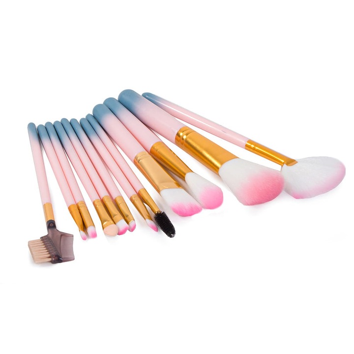 Set Profesional de Pensule pentru Machiaj cu 12 piese, Husa Inclusa - Roz si Albastru cu Detalii Aurii