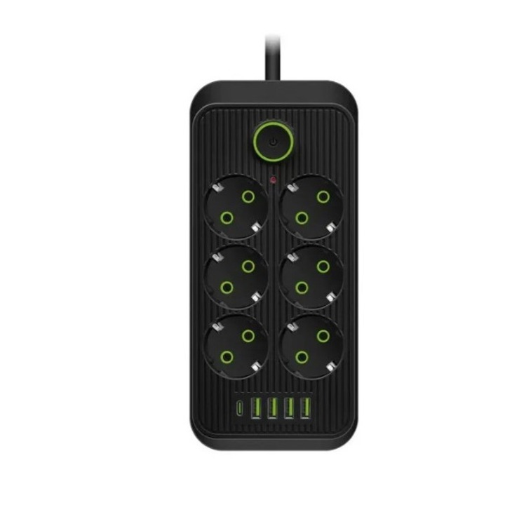 Разклонител, 6 гнезда, Sumker, 4 USB и 1 C конектор, черен F06U
