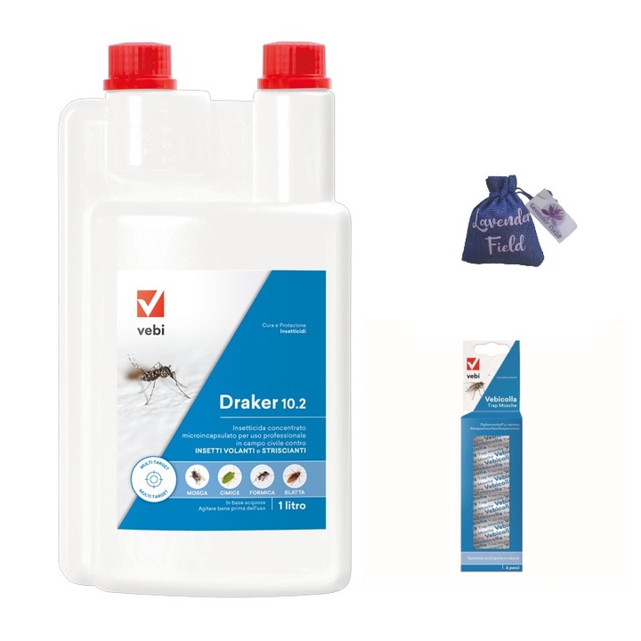 Insecticid profesional capuse, purici, tantari, gandaci, Draker 10.2 -1 L si banda adezive muste si sac lavanda LF 10 gr
