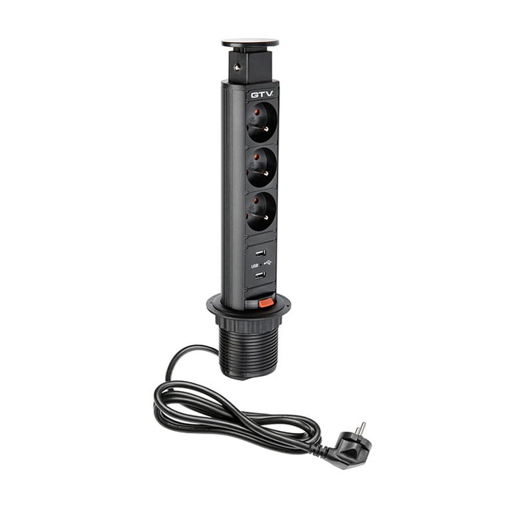 Cablu prelungitor de birou extensibil, negru, fi 60, 3x prize, 2x USB 2.1A, impamantare