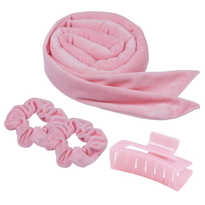 Set 4 Bigudiuri, Axroad Mall, Reduc efectul de incurcare, Fara deteriorare a parului, Cu 2 elastice si 1 clipsuri de fixare puternica, Protectie scalp, Fara zgarieturi si durere, Plastic/Catifea, Roz