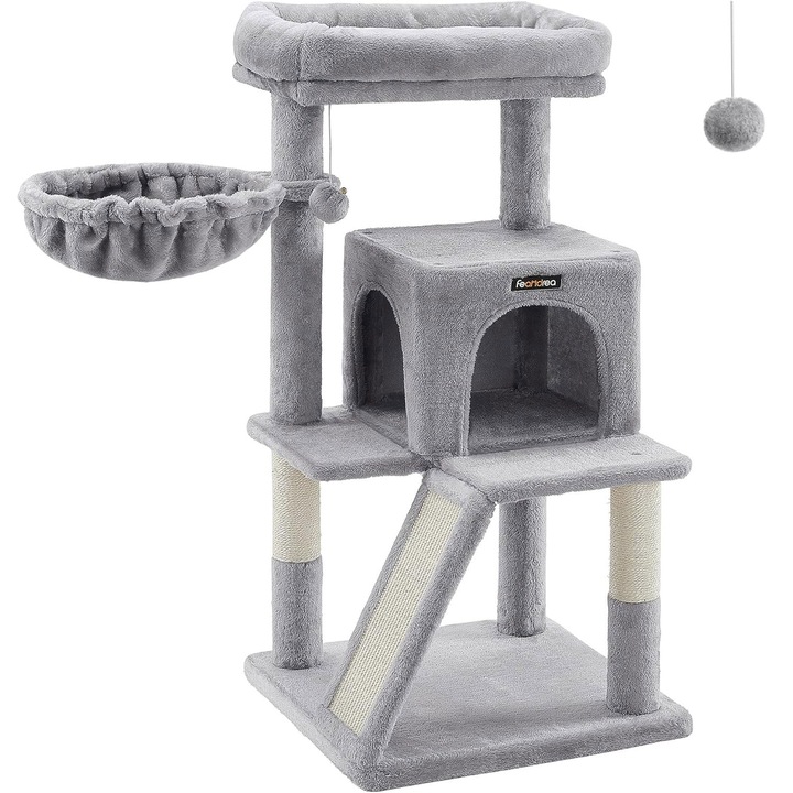 Ansamblu joaca pisici cu hamac, FEANDREA, Turn de joaca, cu platforma, 48 x 48 x 96 cm, Gri deschis, PCT51W