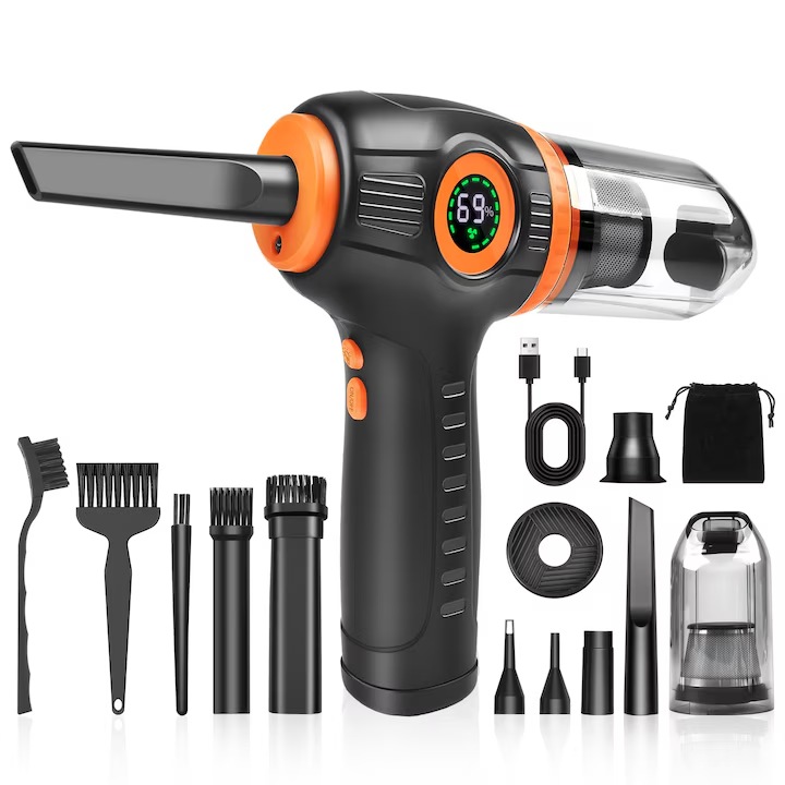 Suflanta aer pentru indepartare praf, Goxawee, M7057, 150000PRM, 3 trepte de viteza, 8500mAH, lanterna LED, Negru/Portocalie