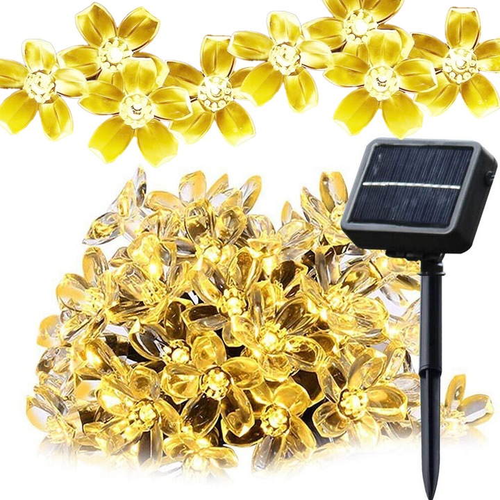Ghirlanda solara, John Green, flori silicon, 20 LED, lumina calda, impermeabil IP44, lungime 4.7m