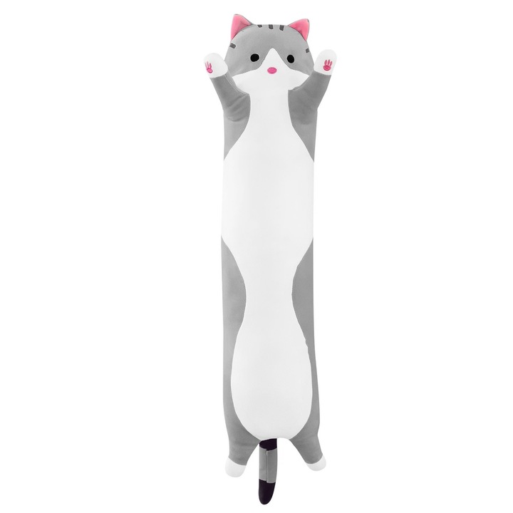 Jucărie pisică plus lungă, tip pernă, lavabilă, umplutură hipoalergenică, pentru copii și adulți, lungime 70 cm, Plus, 3+ ani, culoare Gri/Alb
