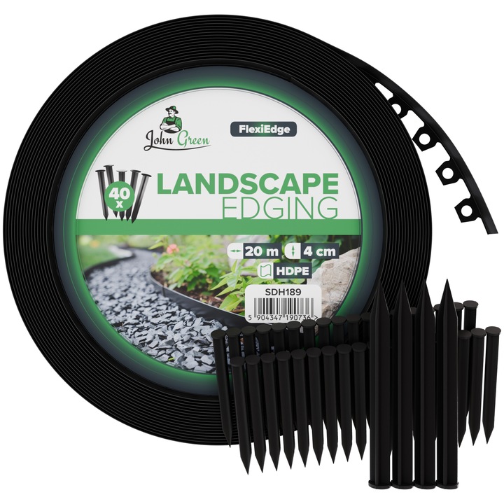 Set bordura gazon/60 ace, John Green, Polietilena, lungime totala 20 m, inaltime 4cm, robusta si flexibila, usor de asamblat, Negru