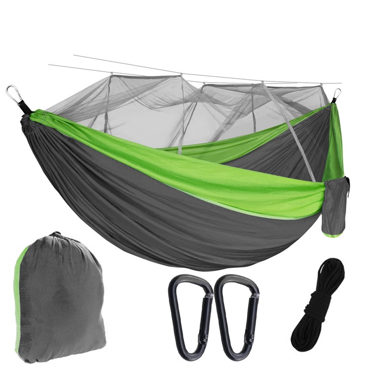 Hamac cu plasa tantari si insecte, Ultra portabil, cordoane groase de prindere si carabine incluse, cu un capac, Max 200 kg, 270x140cm, Gri/Verde