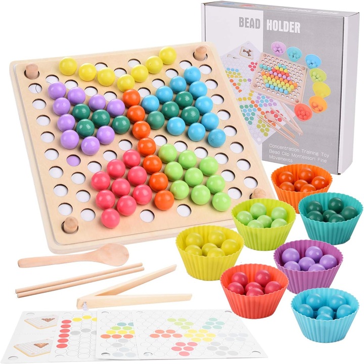 Joc educativ Montessori 2 in 1 de memorie si motricitate fina, sortare, mozaic cu bile din lemn, cleste, lingura, chopsticks, Sortare Asociere bile din lemn, Dimensiune baza 22 x 22 x 2 cm, pentru copii de la 3 ani, multicolor