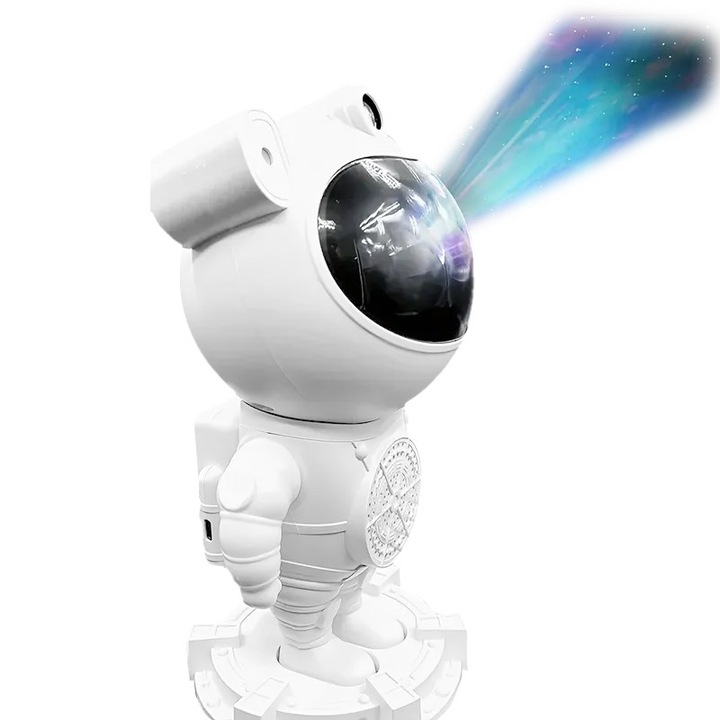 Proiector Stele Luna Galaxie Astronaut, Lampa de veghe Multifunctionala pentru Copii si Bebelusi, cu Telecomanda, Rotire 270 grade, Alimentare USB, Bluetooth, Difuzor Muzica, Timer, Decoratiune Camera, Cadou Ideal, ABS PVC Alb