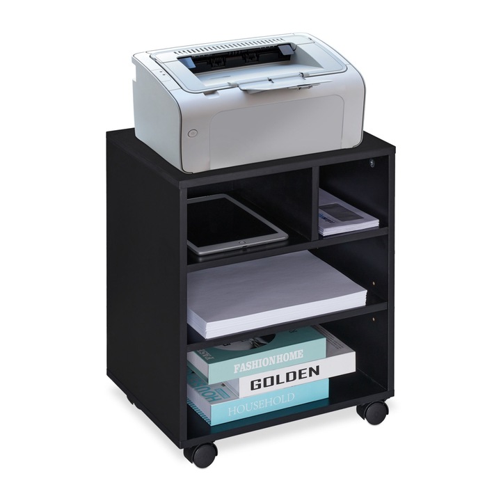 Шкаф органайзер, опора за принтер, с колела, 4 рафта, изработен от ПДЧ, 49 х 40 х 30 см