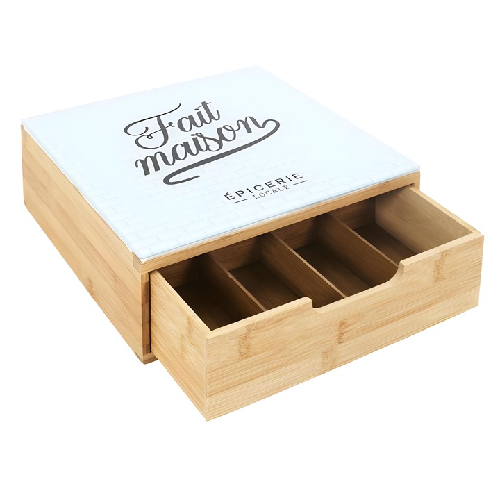 Organizator capsule cafea, plicuri ceai, plicuri zahar, suport aparat cafea din lemn placat cu sticla imprimata, design modern