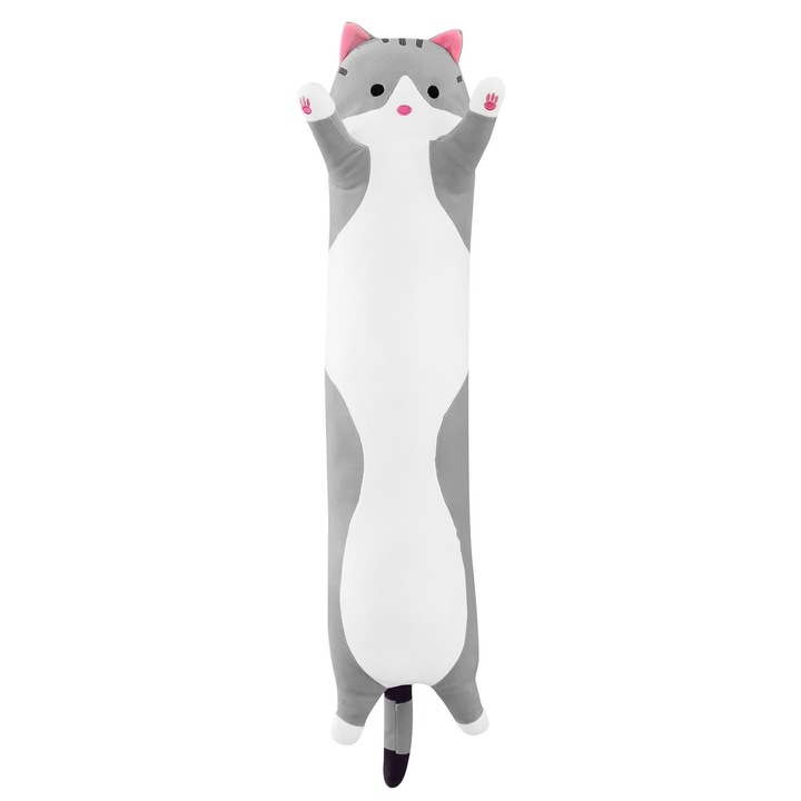 Дълга играчка за котка Plus, тип възглавница, може да се пере, хипоалергенен пълнеж, за деца и възрастни, дължина 50 см, Plus, 3+ години, цвят, Сиво/Бяло