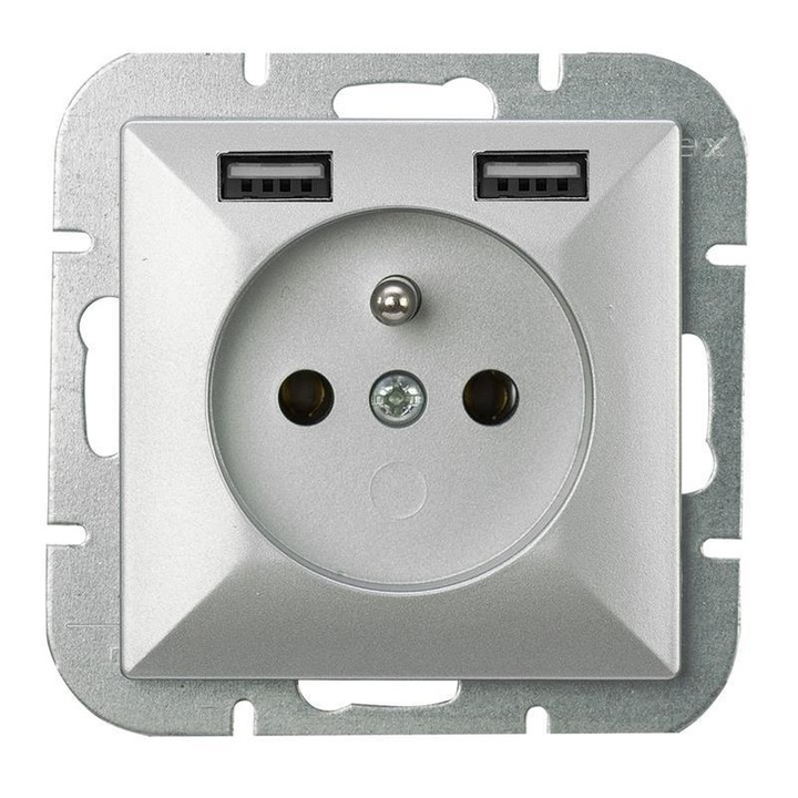 Контакт за вграждане, Abex, 1x контакт, 2xUSB, 250V, 16A, IP20, сребрист