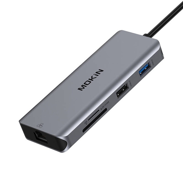 Докинг станция, Mokin, 2x USB 3.0 + USB 2.0 + 2x HDMI + SD/TF + RJ45 + PD, сребрист