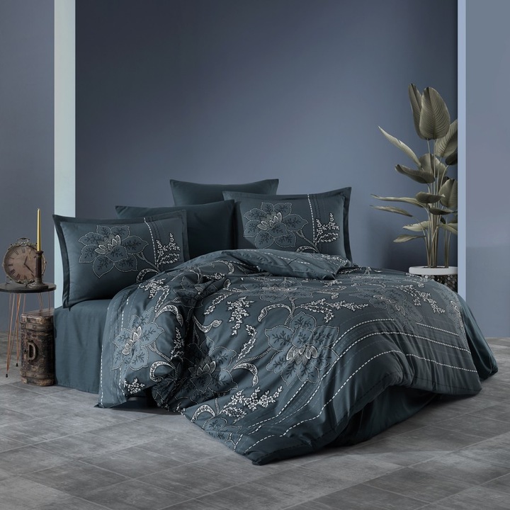 Lenjerie de pat dublu, satin de lux, 4 piese, 100% bumbac satinat, 240 x 260cm, Ralex Pucioasa, Moyo V2