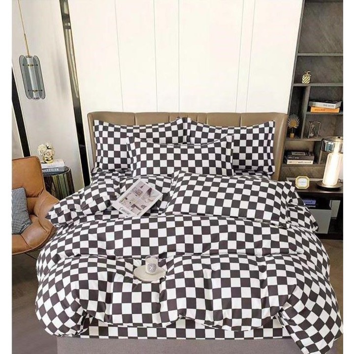 Dupla ágynemű, kockás nyomtatás, 2 személyes, 240x250 cm, finom, fekete-fehér
