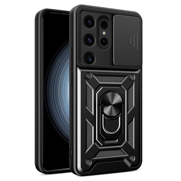 Калъф за телефон, съвместим със Samsung Galaxy S24 Ultra, здрав щит LensProtect, Anti-Shock, плъзгащ се капак за фотоапарати, защита на обектива, пълно покритие, пръстен за задържане, магнит, черен