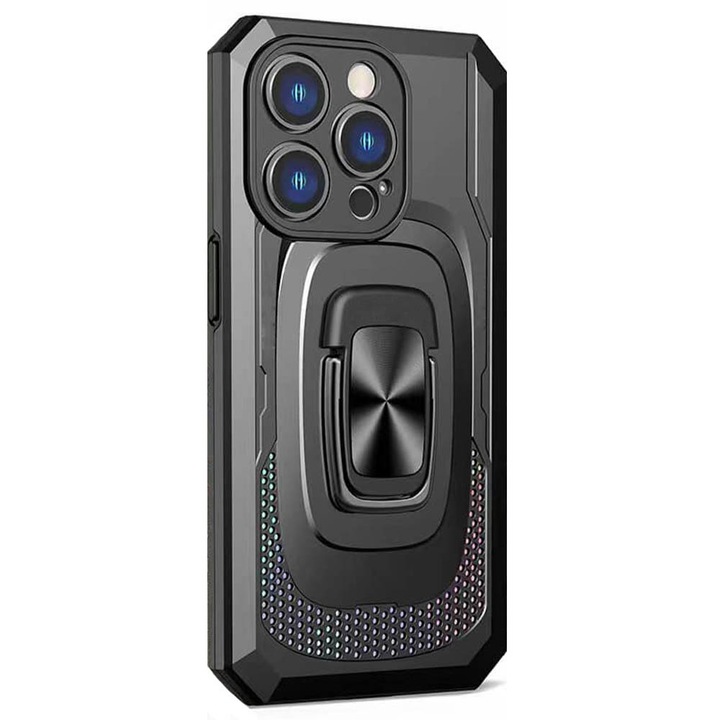 Továbbfejlesztett Defender Ring tok, kompatibilis a Samsung Galaxy A21S készülékkel, Tactical Hybrid Protection, Kameravédelem, Mágneses gyűrű, Erős kéztámasz, Rögzítés az autós tartóhoz, Vízszintes pozicionáló állvány, Fekete