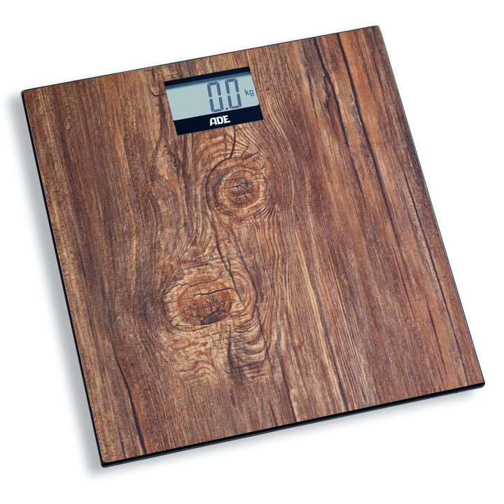 Кантар ADE, капацитет 180 кг, стъкло, дизайн дърво, 30x30 см