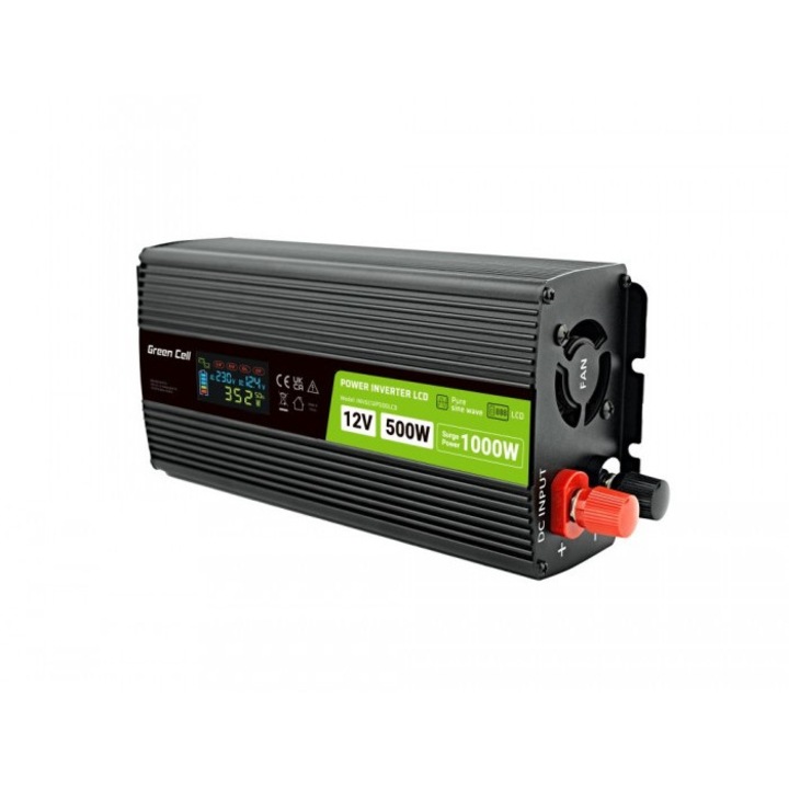 LCD автомобилен инвертор, GREEN CELL, Алуминий, 12V/230V, 500W/1000W, Черен