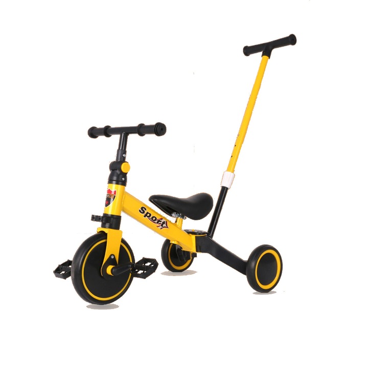 Триколка 5 в 1 с водеща дръжка, конвертируема в велосипед Ride On balance до 30 кг, Yulinland, Карбонова стомана, Жълт