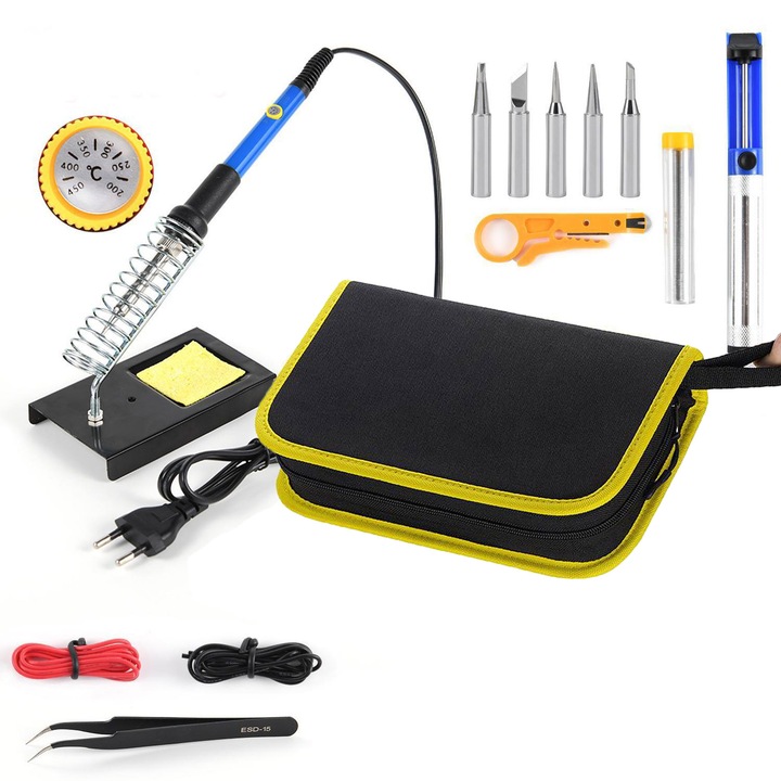 Set fier de lipit cu temperatura reglabila, Yulinland, 15 in 1, 60 W, Unealta pentru dezizolat cablu, Penseta, Tub cu fludor, Varfuri de schimb, Multicolor
