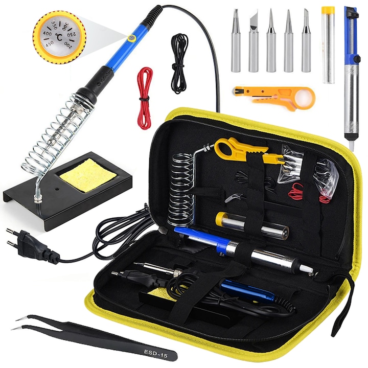 Set fier de lipit cu temperatura reglabila, Yulinland, 15 in 1, 60 W, Unealta pentru dezizolat cablu, Penseta, Tub cu fludor, Varfuri de schimb, Multicolor