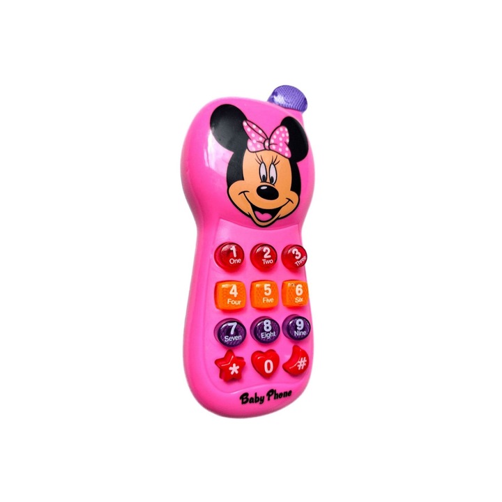 Jucarie Interactiva, Telefon Minnie Mouse, cu 12 Melodii si Taste Luminoase, Roz