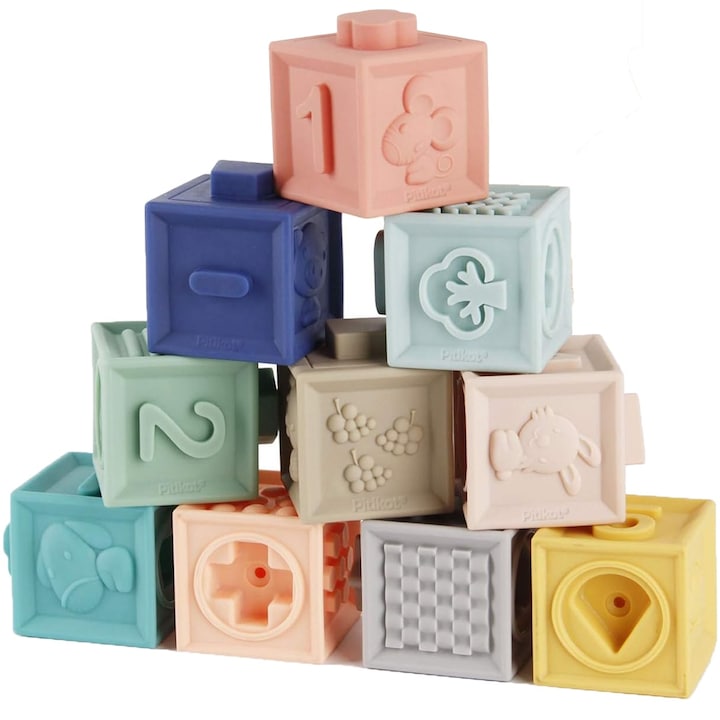 Set cuburi moi interactive pentru bebelusi Pitikot®, jucarie educationala cu sunete, cifre, forme si animale, ideale pentru dentitie, dezvoltarea abilitatilor motrice, coordonarii sau atentiei, multicolor, 12 piese, din cauciuc, 0-24 luni