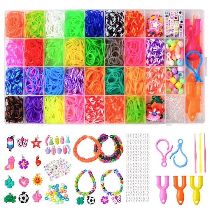 Комплект еластични гривни от 1600 части, Darklove, 36 решетки, 7-14 години, с аксесоари, не се чупят лесно, за деца и възрастни, за колиета, гривни за глезени, ключодържатели, ключодържатели и други занаяти „направи си сам“, гумени, многоцветни