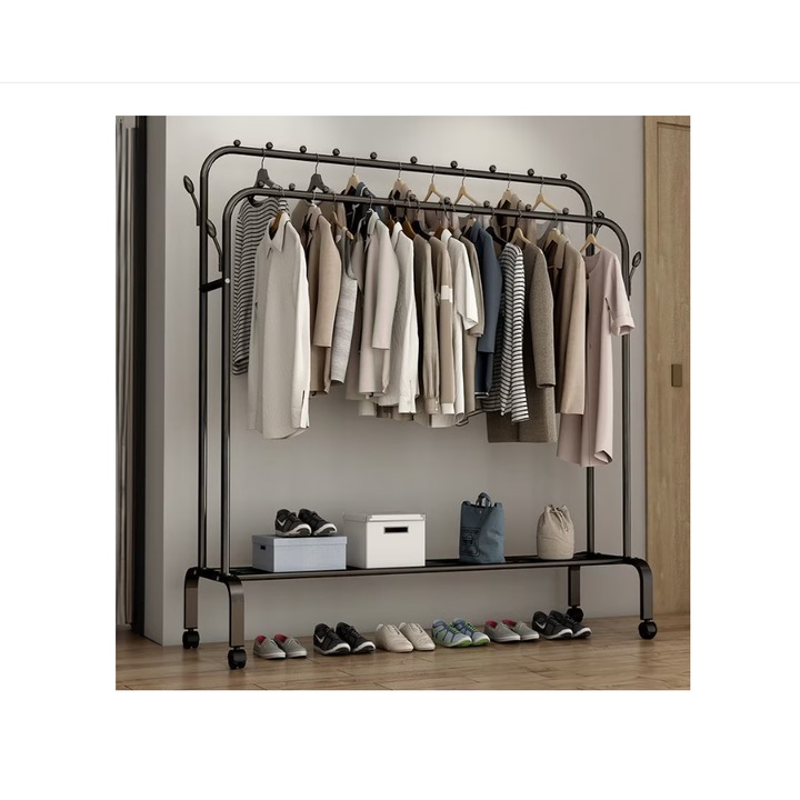 Suport de haine metalic suspendat, Brivoo, 150x110 cm, cu polita pentru pantofi si cizme, carlige laterale pentru genti si palarii, organizator spatiu robust si stabil