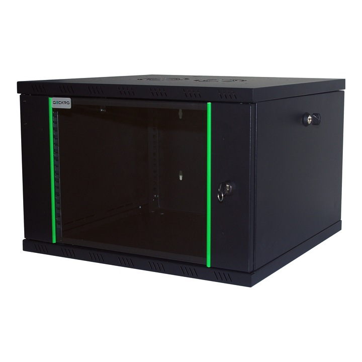 Cabinet metalic / Rack, 19'' 6U 600x600, de perete, usa din sticla, panouri detasabile si securizate, dezasamblat, capacitate 100kg, negru RAL9005, D-META-2, DECKRO