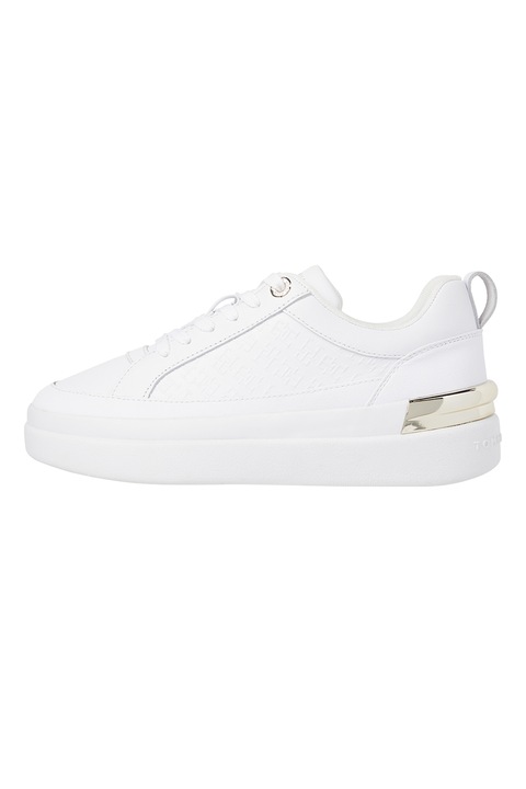 Tommy Hilfiger, Pantofi sport low-cut de piele, Alb/Auriu