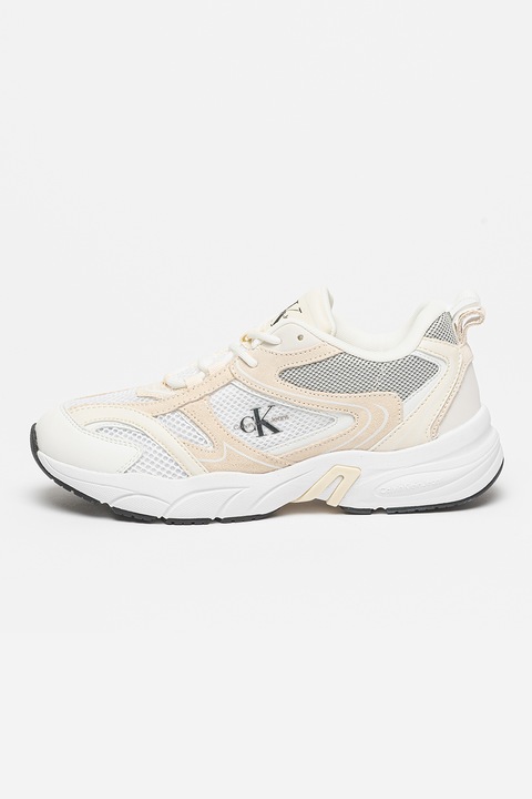CALVIN KLEIN JEANS, Pantofi sport cu insertii de piele si piele intoarsa, Alb/Bej